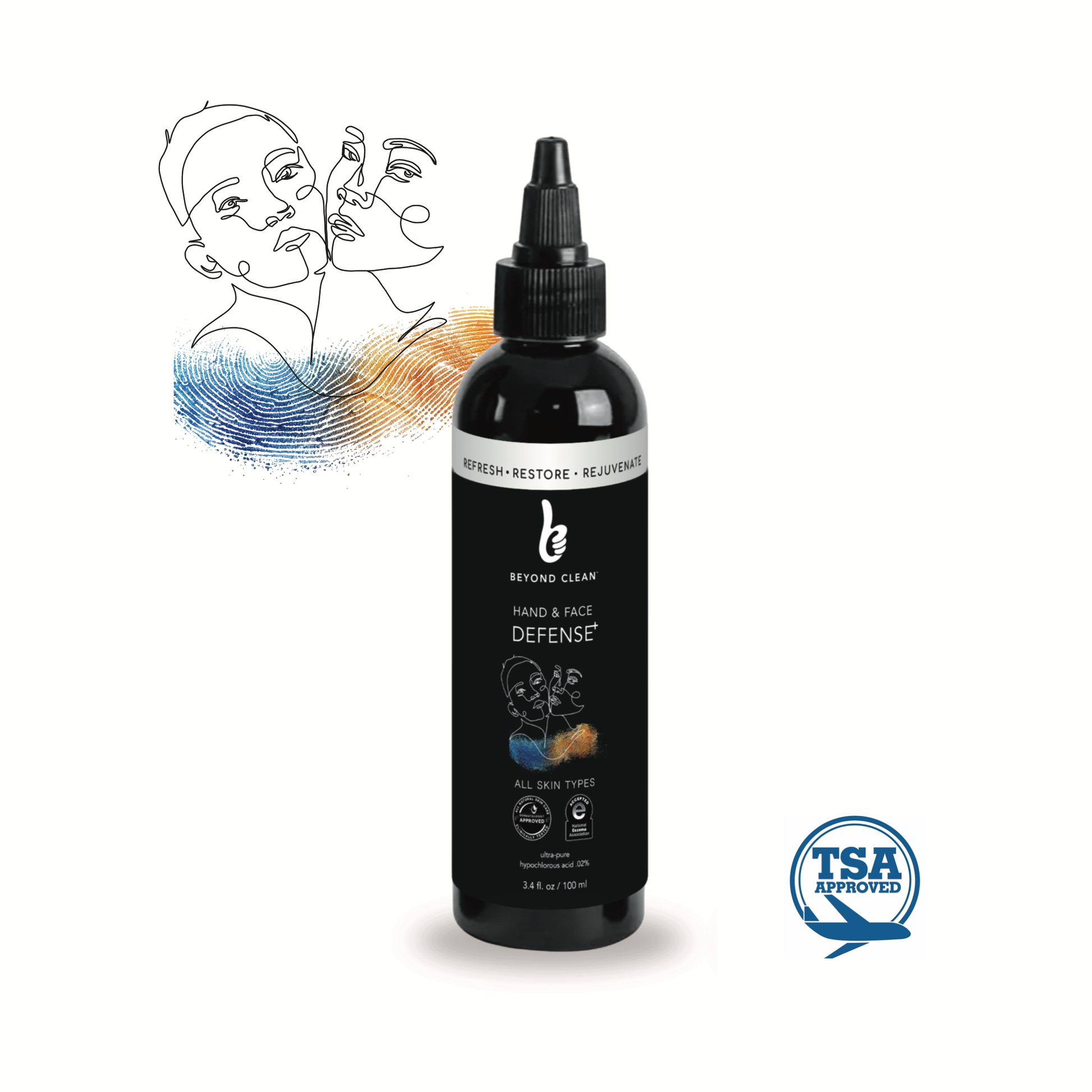 Black bottle of 'Hand & Face Defense' with a TSA approval logo on a white background